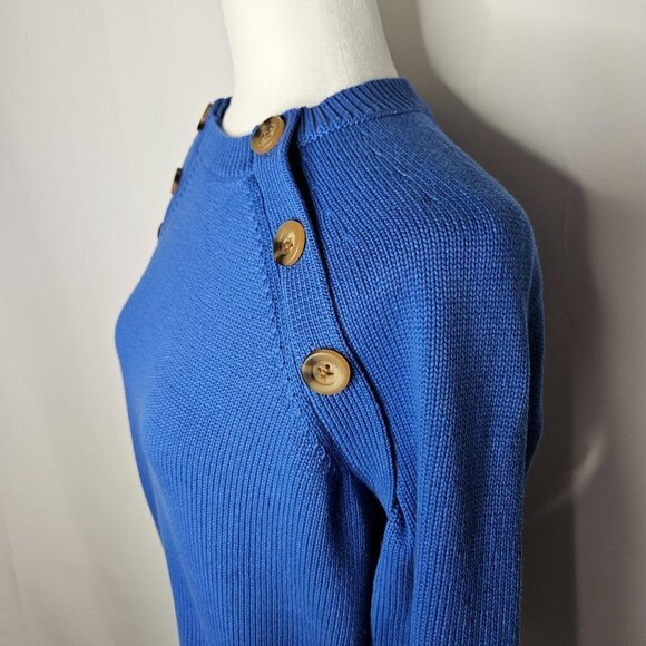 Ann Taylor Size Petite Large Shoulder Button Trim Ragland Sleeve Blue Sweater - Picture 4 of 12